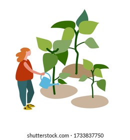 Young woman watering seedlings vector illustration in flat style. Spring gardening work concept