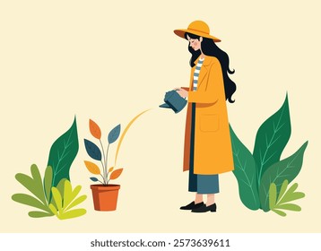 A young woman is watering a small plant in a pot. She is standing next to colorful leaves 