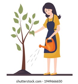 A young woman is watering a tree. Agricultural work. Gardening. Vector illustration in a flat style.