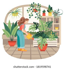 A young woman waters flowers in a home greenhouse. Vector illustration