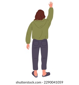Young woman waving hand  Girl view from behind  female character back side position  Fashoinable woman flat vector Illustration