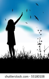 Young woman waving hand on summer meadow