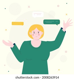 Young woman waving hand with speaking bubbles. Greeting or saying goodbye. Cartoon female character with welcoming gesture in vector illustration. Women say hello. Cartoon flat vector illustration