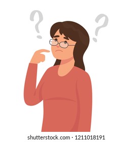 young woman wear glasses and think with question marks on it, young woman with thinking expression