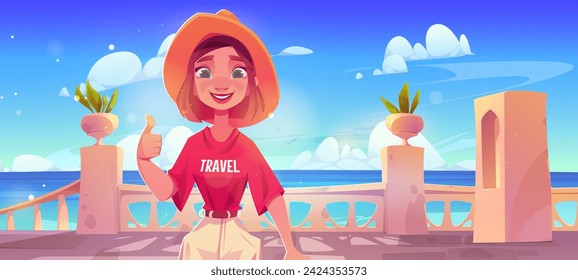 Young woman wear hat stand on terrace on sea or ocean shore and show thumbs up gesture. Cartoon summer vacation illustration with joyful smiling female tourist on balcony or patio with railing.