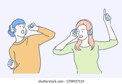 Young woman wear the headphones to listen to the music and dance happily. People lifestyle concept. Hand drawn in thin line style, vector illustrations.