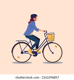 young woman wear helmet use ride a bicycle to work