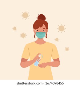 Young woman wear masks Use alcohol antiseptic gel to clean hands and prevent germs. Vector illustration in a flat style