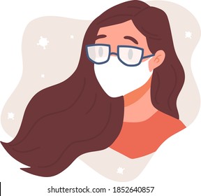 Young woman wear medical face mask. Self protection shield from pneumonia, respiratory disease, virus spread, pandemic. Flat vector illustration banner. Girl wearing glasses with misted lenses 