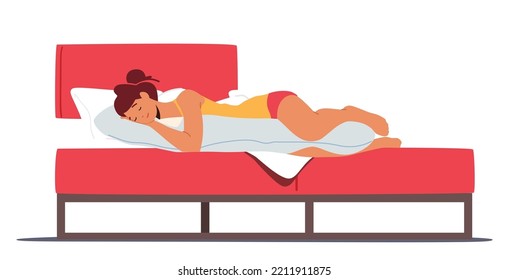 Young Woman Wear Pajama Sleep or Nap on Belly, Female Character Sleeping Pose in Bed Side View. Night Dream, Relaxation at Home Isolated on White Background. Cartoon People Vector Illustration