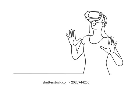 Young woman wearing 3d glasses touching air during the VR experience. Virtual reality concept. Hand drawn vector illustration. Black and white.