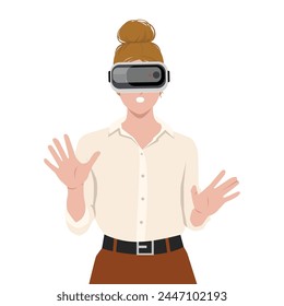 Young woman wearing 3d glasses playing with virtual reality touching air with fingers. Flat vector illustration isolated on white background