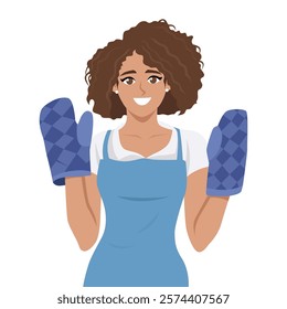 Young woman wearing apron and holding oven mitts, symbolizing cooking or baking activities. Flat vector Character Illustration