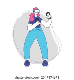 Young Woman Wearing Augmented Reality Glasses Moving Arms Vector Illustration