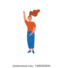 Young Woman Wearing Blouse and Long Skirt Standing with Her Hand Raised Vector Illustration