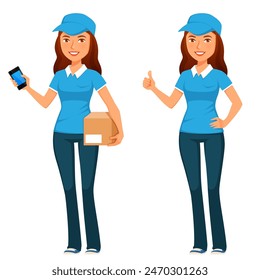 mujer joven con un uniforme de mensajero azul y gorra, sosteniendo un teléfono celular o un paquete listo para la entrega. Trabajador de servicio o asistente con una sonrisa amable, dando pulgares hacia arriba. Personaje de dibujos animados, aislado