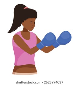 Young woman wearing boxing gloves is practicing her moves, getting ready for a match