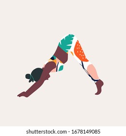 Young woman wearing bright sportswear doing Yoga. Girl in colorful clothes working out. Hand drawn colored Vector illustration. Weight Loss. Health care and lifestyle concept. Calmness and relax