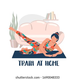 Young woman wearing bright sportswear doing exercises at home. People at home in self quarantine. Train at home concept. Colorful vector illustration in flat style. With phrase Train at home