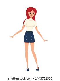 Young woman wearing casual clothes spread her hands cartoon character design flat vector illustration isolated on white background