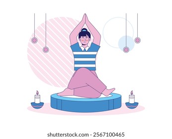 Young woman wearing casual clothes doing yoga mediation while lighting candles. Character design. Vector flat illustration