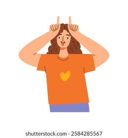 Young woman wearing casual clothes doing funny gesture with finger over head as bull horns, flat vector illustration. Cute girl showing bull antlers by fingers, crazy cartoon person