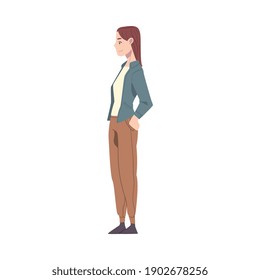 Young Woman Wearing Casual Dress Standing with Hands on her Hips Cartoon Style Vector Illustration