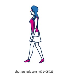 young woman wearing a casual outfit takes a walk carrying or holding a purse