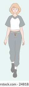 Young woman wearing casual outfits, cropped t-shirt, sweatpants. Hand drawn flat cartoon character vector illustration.