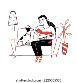 Young woman wearing casual wear is resting with a cat and dog on the armchair at home one autumn day. Hand drawn vector illustration doodle style.