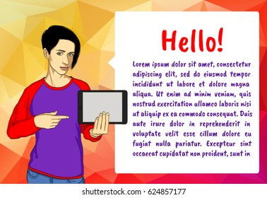 Young woman wearing in casual wear standing and showing tablet screen. Concept for social network. Vector illustration of girl with tablet.