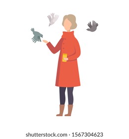 Young Woman Wearing Coat Feeding Pigeons From Her Hand Vector Illustration