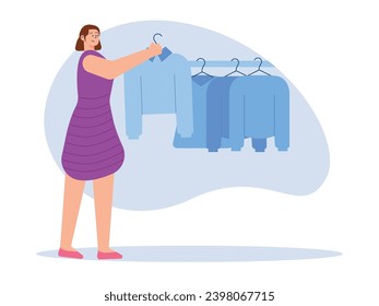 Young woman wearing a dress is choosing clothes on a hanger in a boutique, trendy fashion. Character design. Vector flat illustration