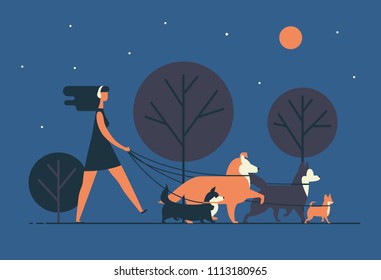 Young woman wearing dress and headphones walks dogs on leash along night street. Girl leisurely strolls with her pets at park in evening. Cartoon colorful vector illustration in modern flat style.