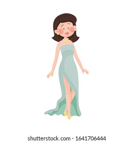 Young Woman Wearing Evening Dress Posing at Red Carpet Event Vector Illustration