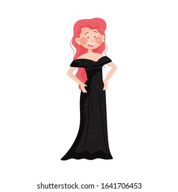 Young Woman Wearing Evening Dress Posing at Red Carpet Event Vector Illustration