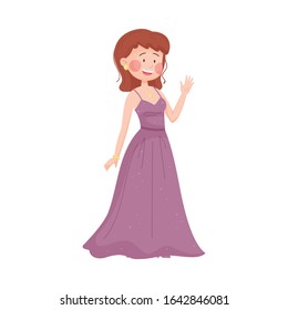 Young Woman Wearing Evening Dress Waving Hand at Red Carpet Event Vector Illustration