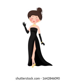 Young Woman Wearing Evening Dress Waving Hand at Red Carpet Event Vector Illustration