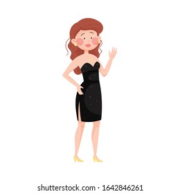 Young Woman Wearing Evening Dress Waving Hand at Red Carpet Event Vector Illustration