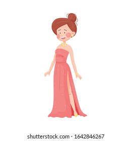 Young Woman Wearing Evening Dress Posing at Red Carpet Event Vector Illustration