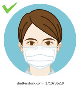 Young woman wearing a face mask correctly - front view, circular clip art