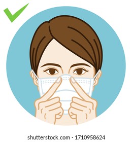 Young woman wearing a face mask correctly, fitting  in a nose line - Circular icon