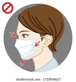 Young woman wearing a face mask wrong way, chin expose  - side view, circular clip art