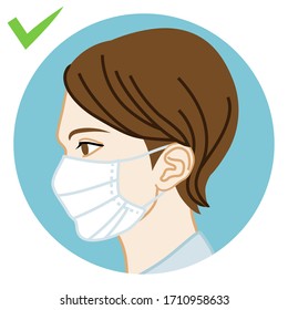 Young woman wearing a face mask correctly - side view, circular clip art