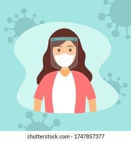 A young woman wearing face mask and a plastic medical face shield. Close up shot girl face wearing Covid-19 coronavirus protective mask. Virus protection equipment. Healthcare concept.