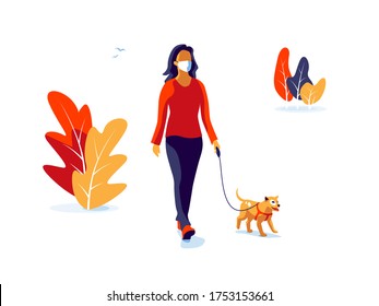 Young woman wearing face mask with little dog walking outside enjoying free time alone. New normal social distancing solo outdoor activity trail with furry companion. Isolated vector illustration.