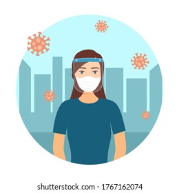 A young woman wearing face mask and a plastic medical face shield with city on background. Close up shot girl face wearing Covid-19 coronavirus protective mask. Virus protection equipment. 