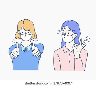 Young woman are wearing face mask and raising both thumbs up, smiling and confident. Hand drawn in thin line style, vector illustration. (A Mask can be removable)