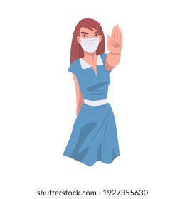 Young Woman Wearing Face Mask Showing Stop Virus Sign with Her Hand Vector Illustration