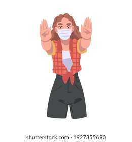 Young Woman Wearing Face Mask Showing Stop Virus Sign with Her Hand Vector Illustration